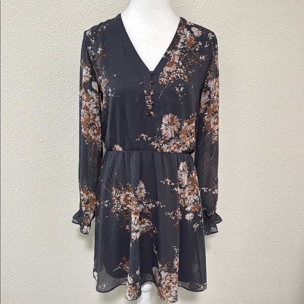 Maurices Tan Floral Ruffled Tiered Long Sleeve Dress Size Small